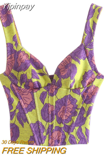 Yipinpay 2023 Floral Crop Top Women Jacquard Corset Top Y2k Sleeveless Sexy Tops Woman Summer Fashion Tank Tops Vintage Bustier Tops